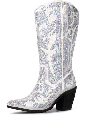 Women's Sequin Mid Calf Western Wide Calf High Pointed Toe Cowgirl Boots White